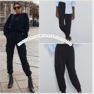 ZARA BLACK SILK EFFECT CARGO TROUSERS WITH POCKETS